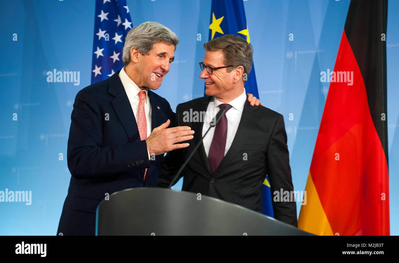 German Foreign Minister, Guido Westerwelle receives the American counterpart, John Kerry in the Federal Foreign Office in Berlin for bilateral talks on international issues. The bilateral talks are followed by a meeting with the German Chancellor Angela Merkel in the Federal Chancellery. Stock Photo