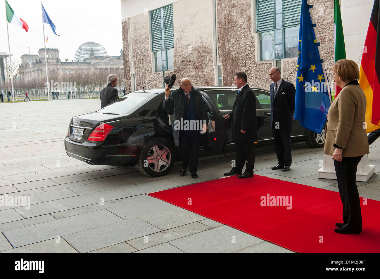 German Chancellor Angela Merkel received the President of Italy, Giorgio Napolitano, at the Federal Chancellery. They had a working lunch to discuss bilateral relations. Stock Photo
