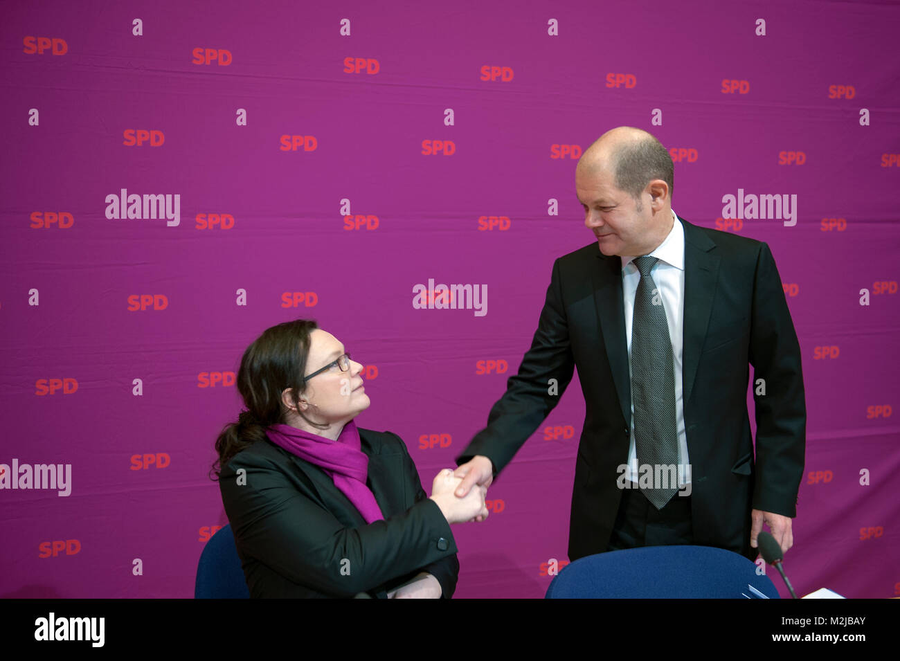 SPD party executive meeting. Social Democratic Party of Germany is a social-democratic political party in Germany. Andreas Nahles and Olaf Scholz. Stock Photo