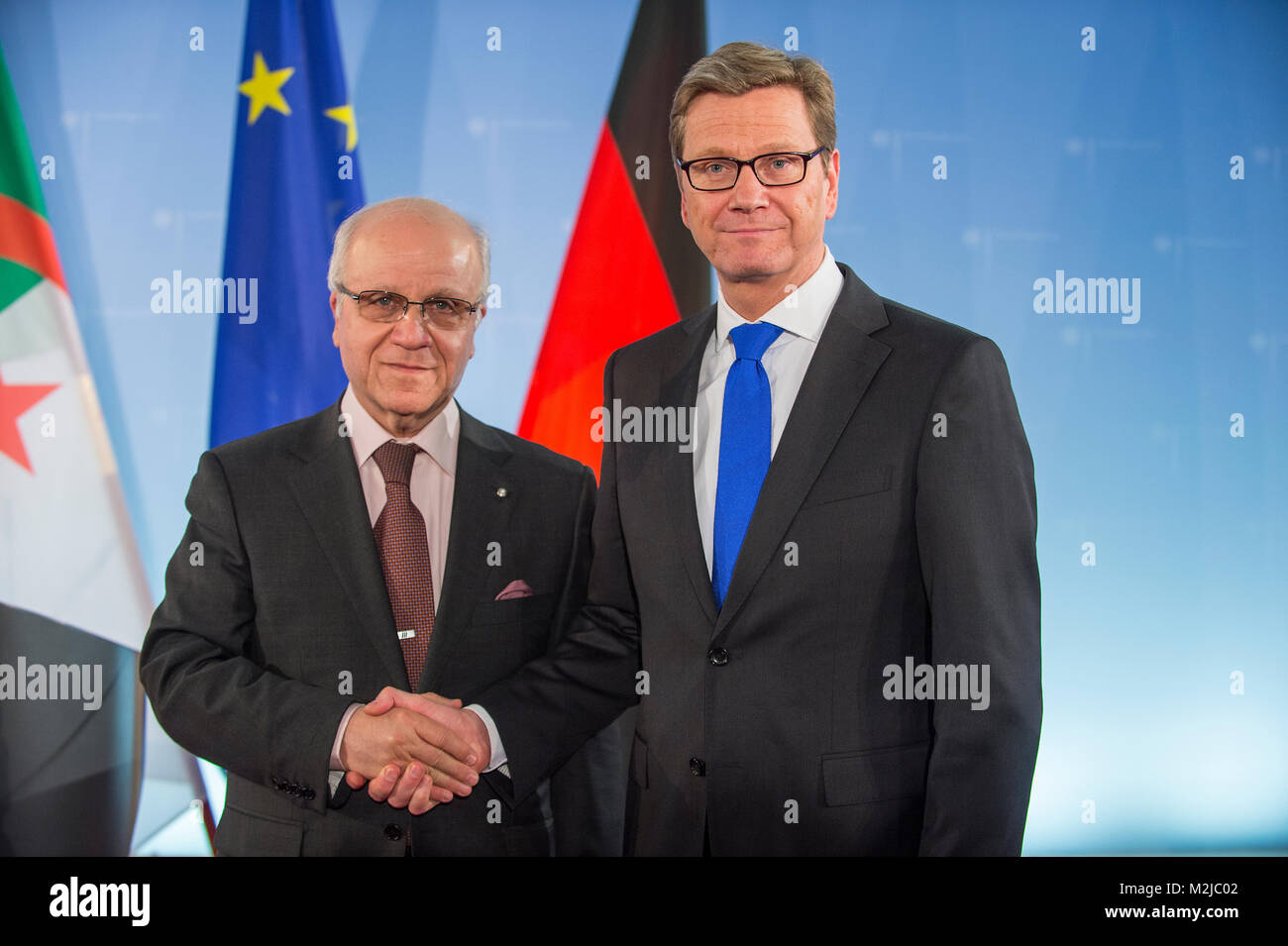 Algerian Foreign Minister, Mourad Medelci, meet today with German Foreign Minister Guido Westerwelle for a bilateral meeting. Discussed and reached an agreement to fight against terrorism. Stock Photo