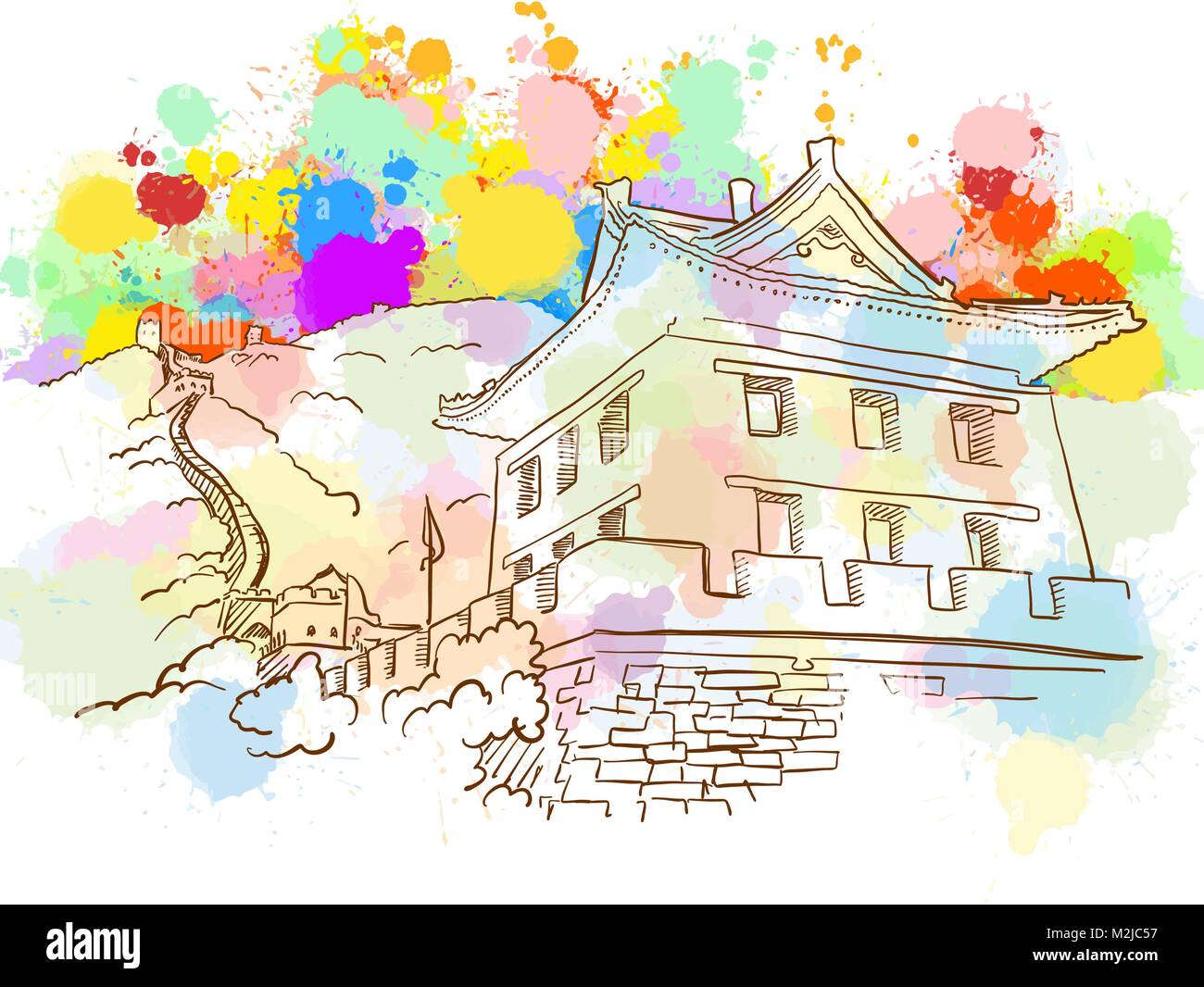 Colorful Great Wall Sketch. Hand Drawn Vector Illustration, Paint Splatter Color Isolated on White Background. Business Travel and Tourism Concept wit Stock Vector