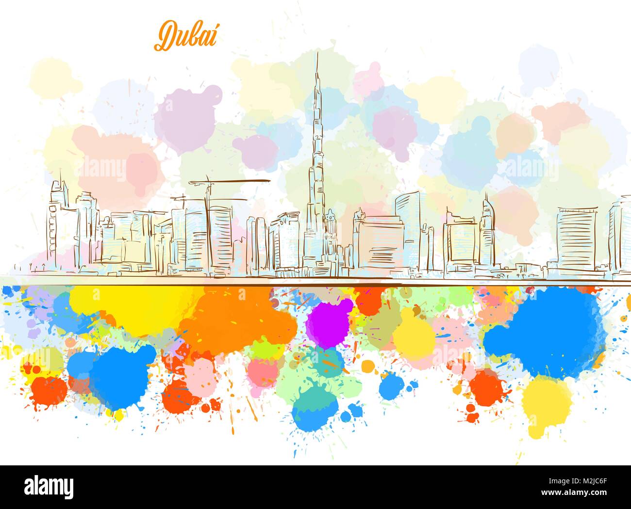 Colorful Dubai City Skyline. Hand Drawn Vector Illustration, Paint Splatter Color Isolated on White Background. Business Travel and Tourism Concept wi Stock Vector