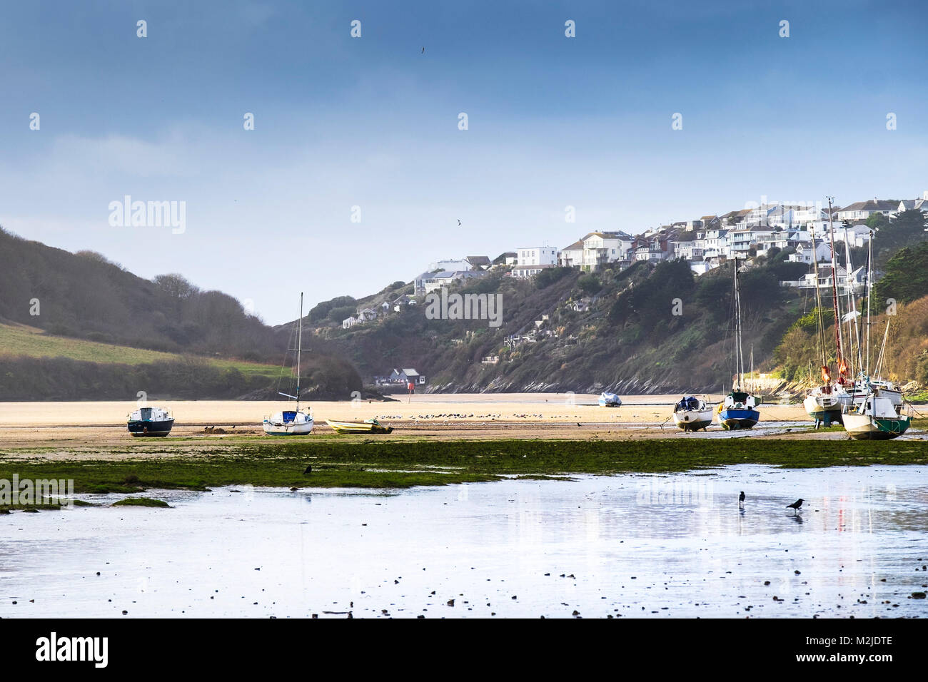 Sailing craft boats yachts moored at low tide on the Gannel River in Newquay Cornwall. Stock Photo