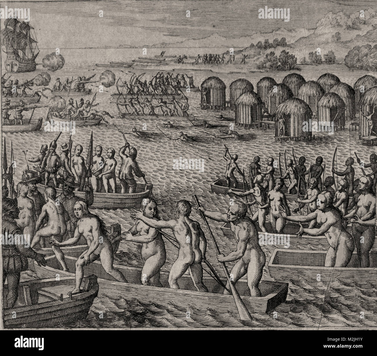 Theodor de Bry - Engraving of Indians Distracting the Spanish with Women Stock Photo