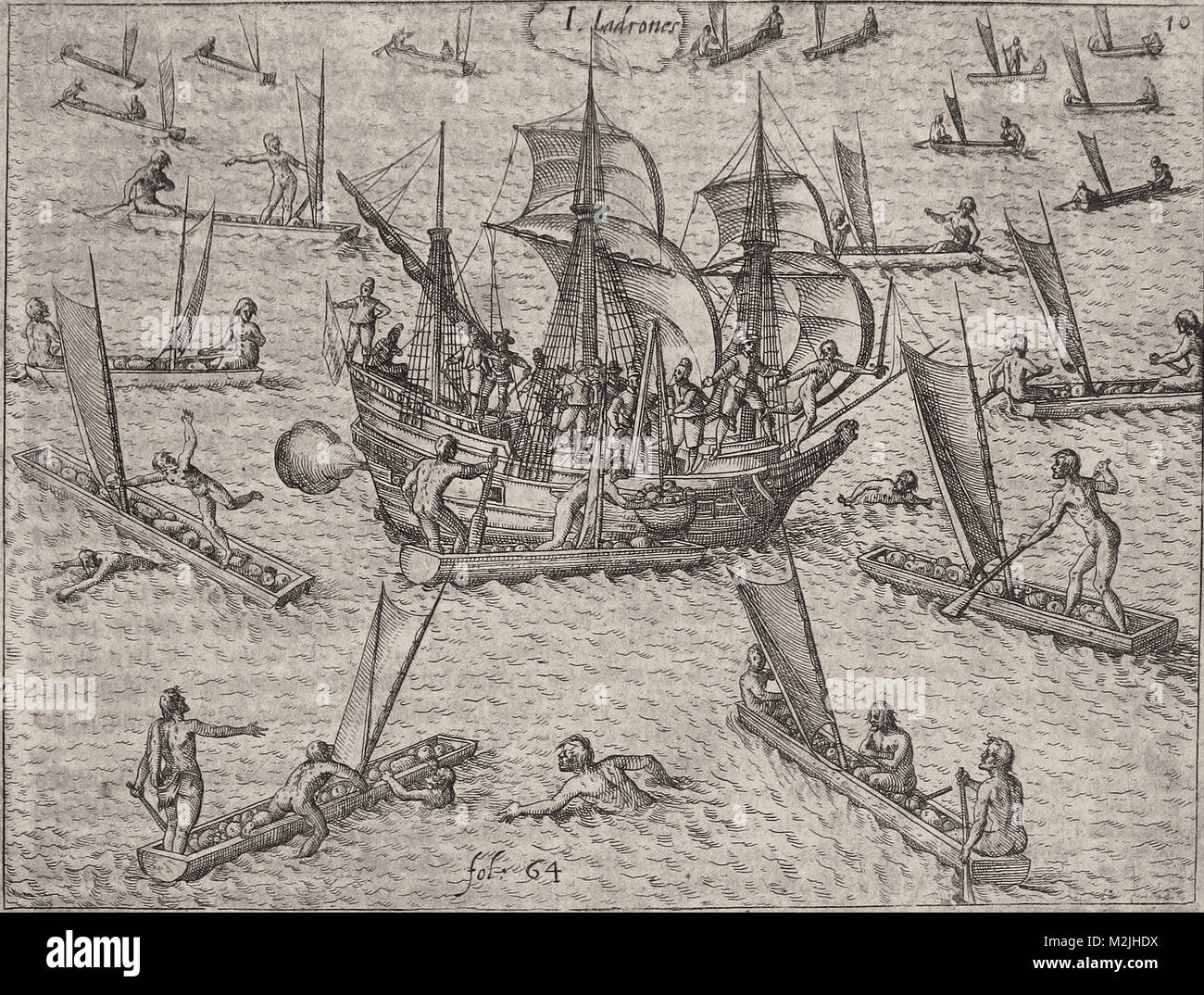Theodor de Bry - Ladrones Island - Natives attacks an occidental boat Stock Photo
