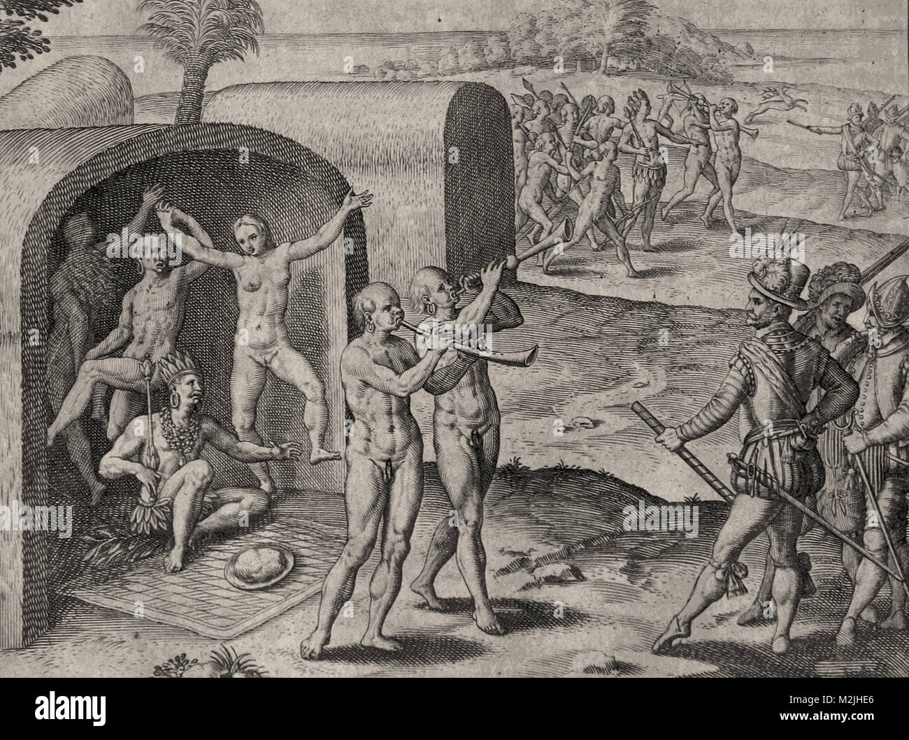 Theodor de Bry - Spaniards Being Welcomed By An Indian King Stock Photo