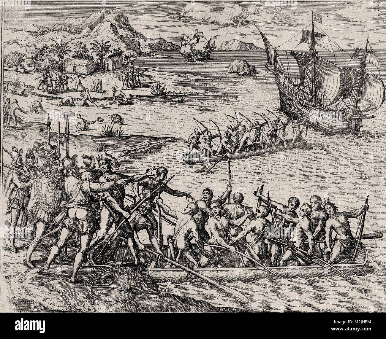 Theodor de Bry - Spanish Persuade the Natives of Cubagua to Defend the Island Against an Attacking French Vessel Stock Photo