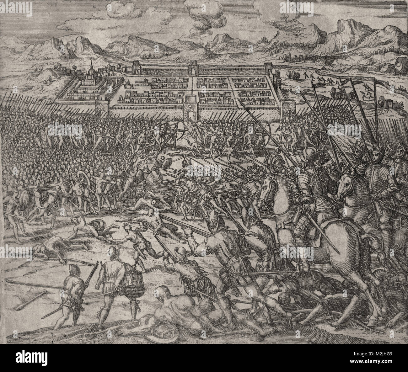 Theodor de Bry - the spanish troops besieging Cuzco Peru Stock Photo