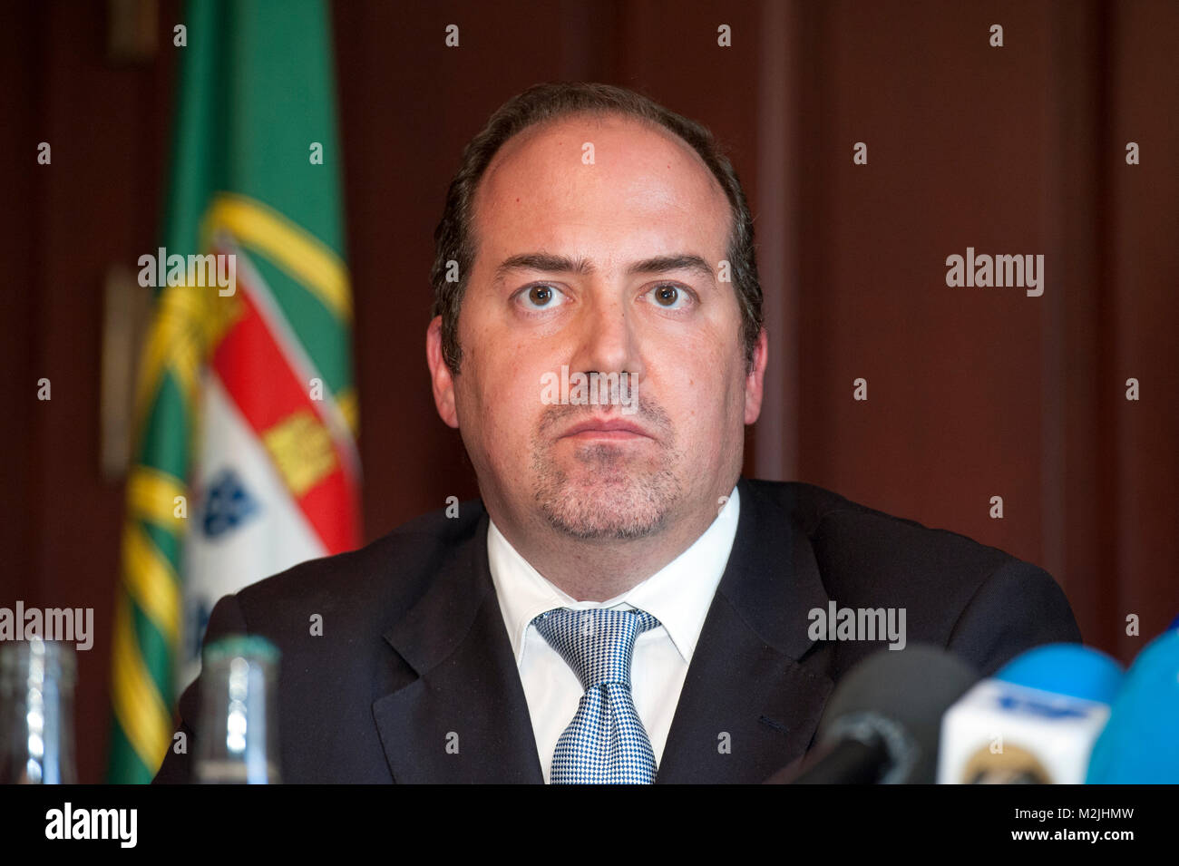 Portuguese Prime Minister, Pedro Passos Coelho gives a Press statement about the situation in Portugal after the Minister of Foreign Affairs to resign Stock Photo