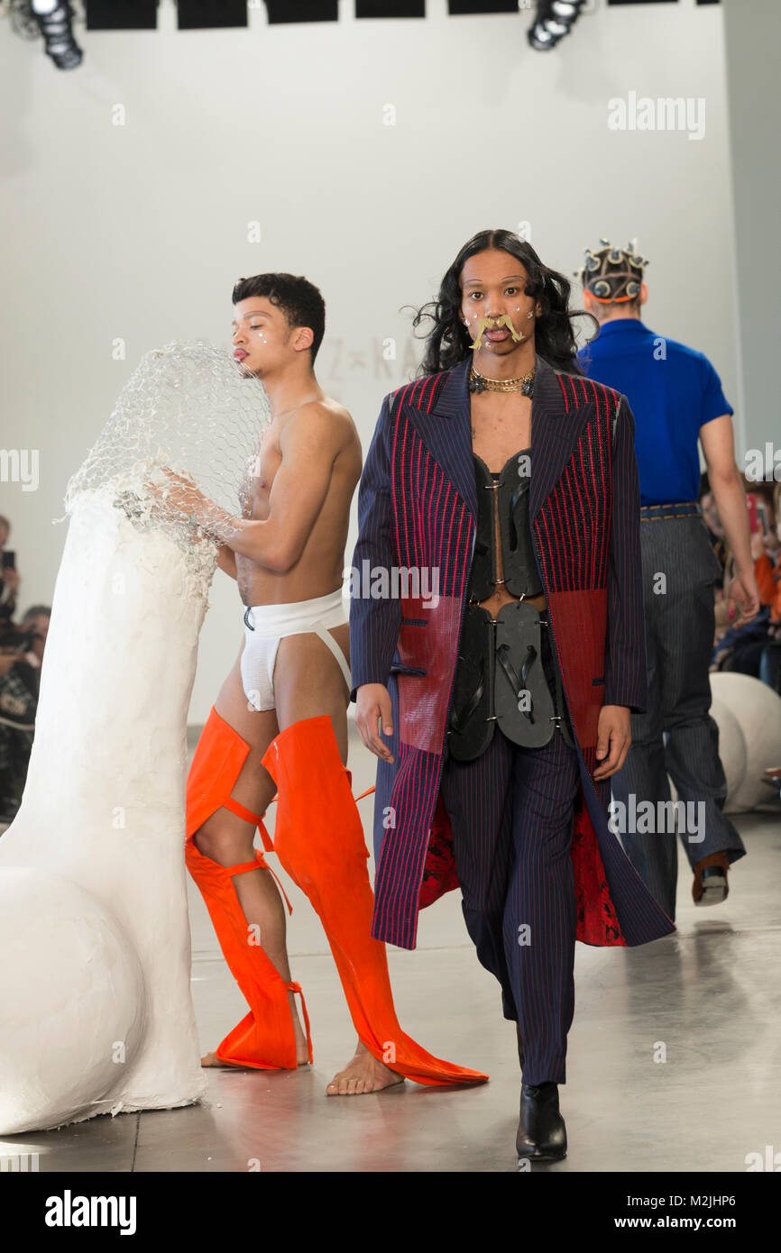 New York, NY - February 5, 2018: Model walks runway for Sanchez-Kane collection during New York Mens Fall-Winter 2018 Fashoin Week at Pier 59 Stock Photo