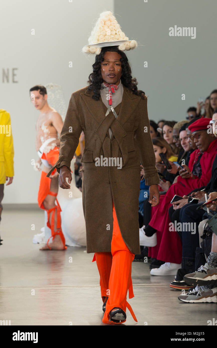 New York, NY - February 5, 2018: Model walks runway for Sanchez-Kane collection during New York Mens Fall-Winter 2018 Fashoin Week at Pier 59 Stock Photo