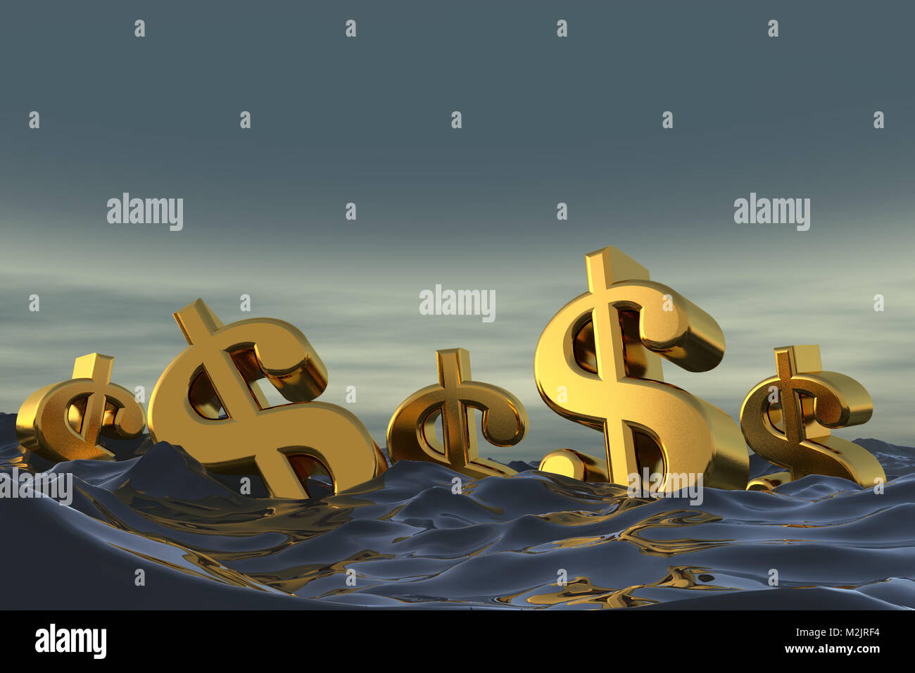 Dollar currency symbol at sea. Drowning in debt financial problem concept. 3D rendering Stock Photo