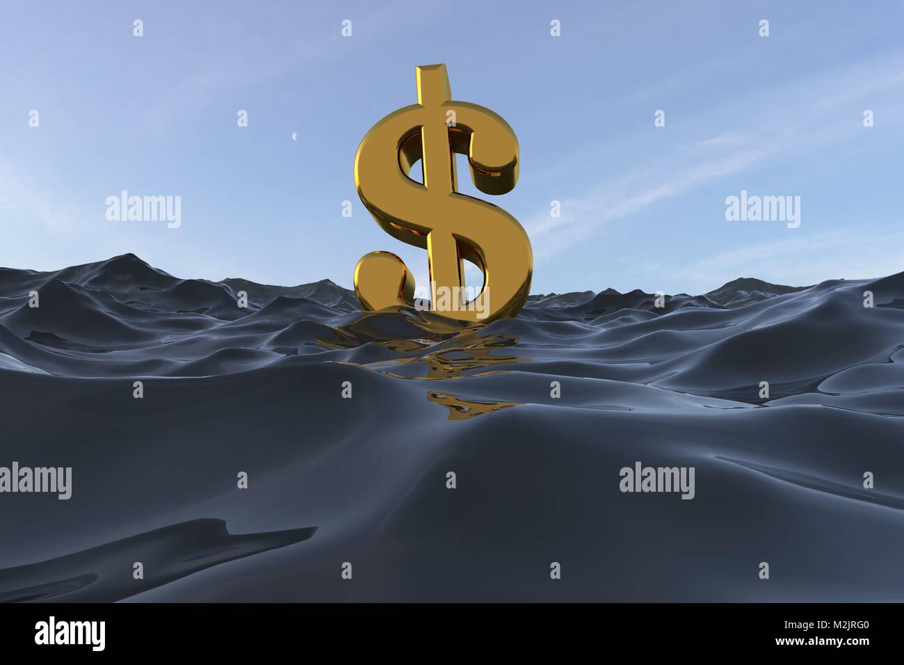 Dollar currency symbol at sea. Drowning in debt financial problem concept. 3D rendering Stock Photo