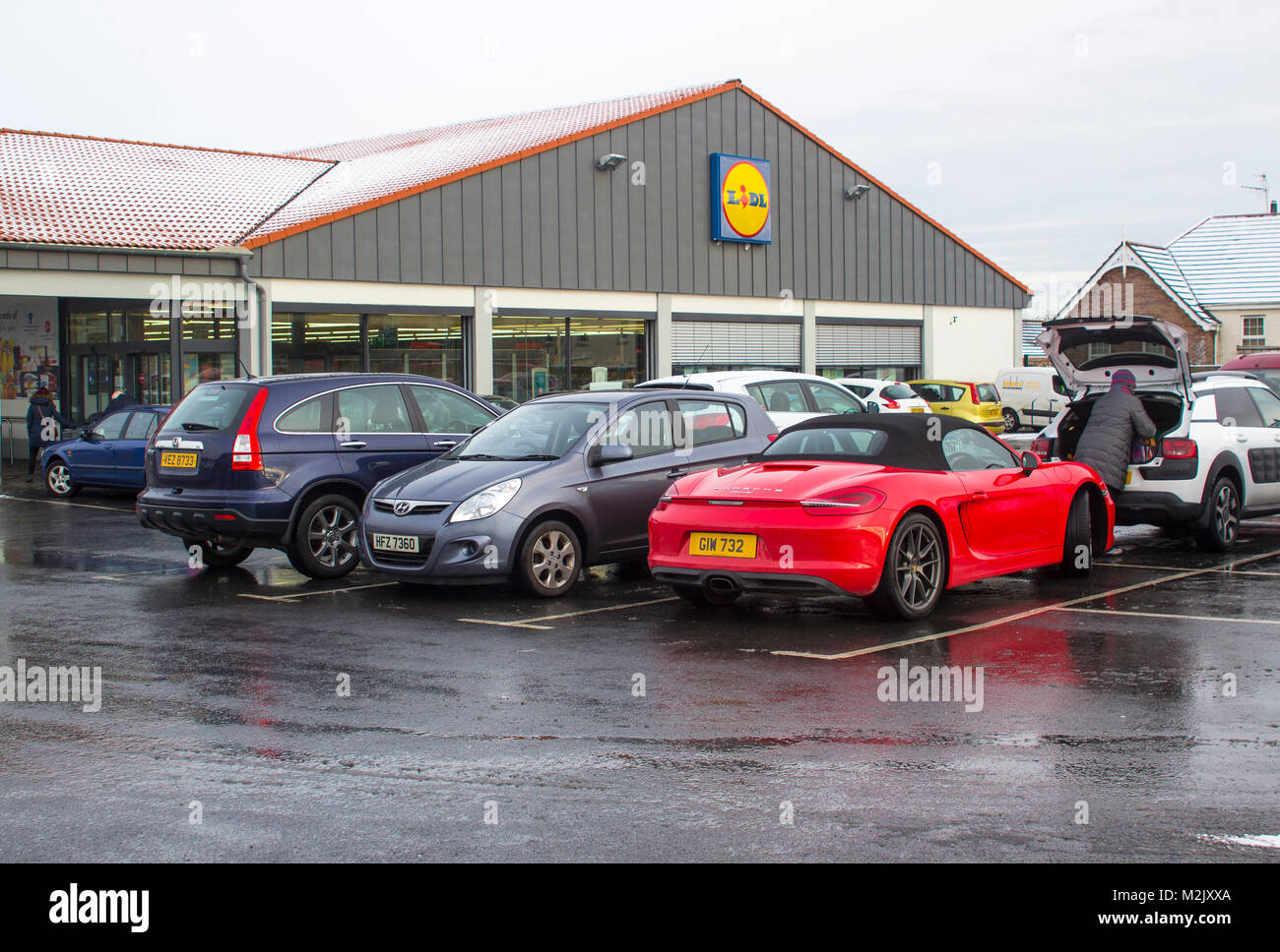 7 February 2018 customers cars parked in the Lidl  Supermarket car park on the Circular road in Bangor County Down on a dull midwinter day Stock Photo