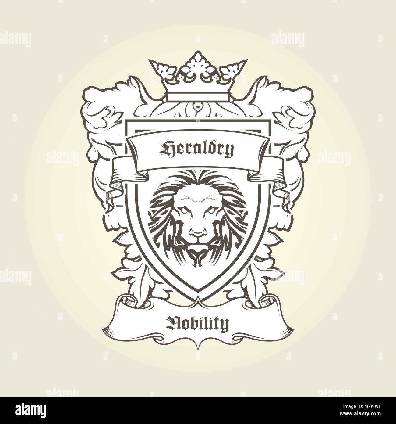 Heraldic emblem coat of arms with head of lion on shield with crown