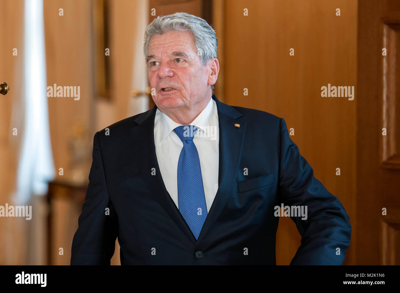 German President Joachim Gauck receives his Swiss counterpart President Aleksander Kwasniewski in Schloss Bellevue for  bilateral conversation Stock Photo
