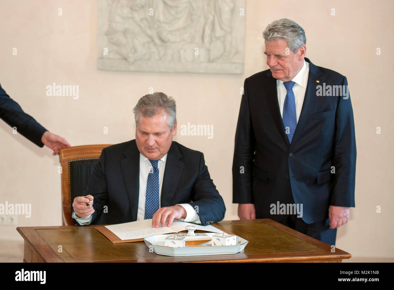 German President Joachim Gauck receives his Swiss counterpart President Aleksander Kwasniewski in Schloss Bellevue for  bilateral conversation Stock Photo
