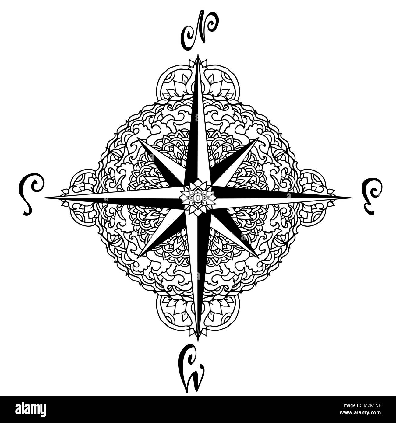 Wind rose in mandala style. Nautical compass icon isolated on white background. Asian pattern. Vector illustration. Stock Vector