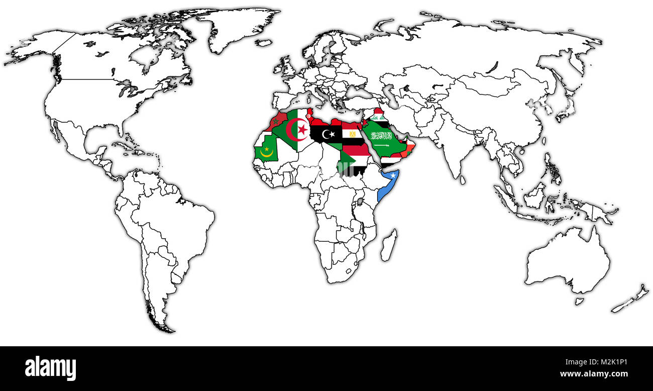 Arab League member countries flags on world map with national borders Stock Photo