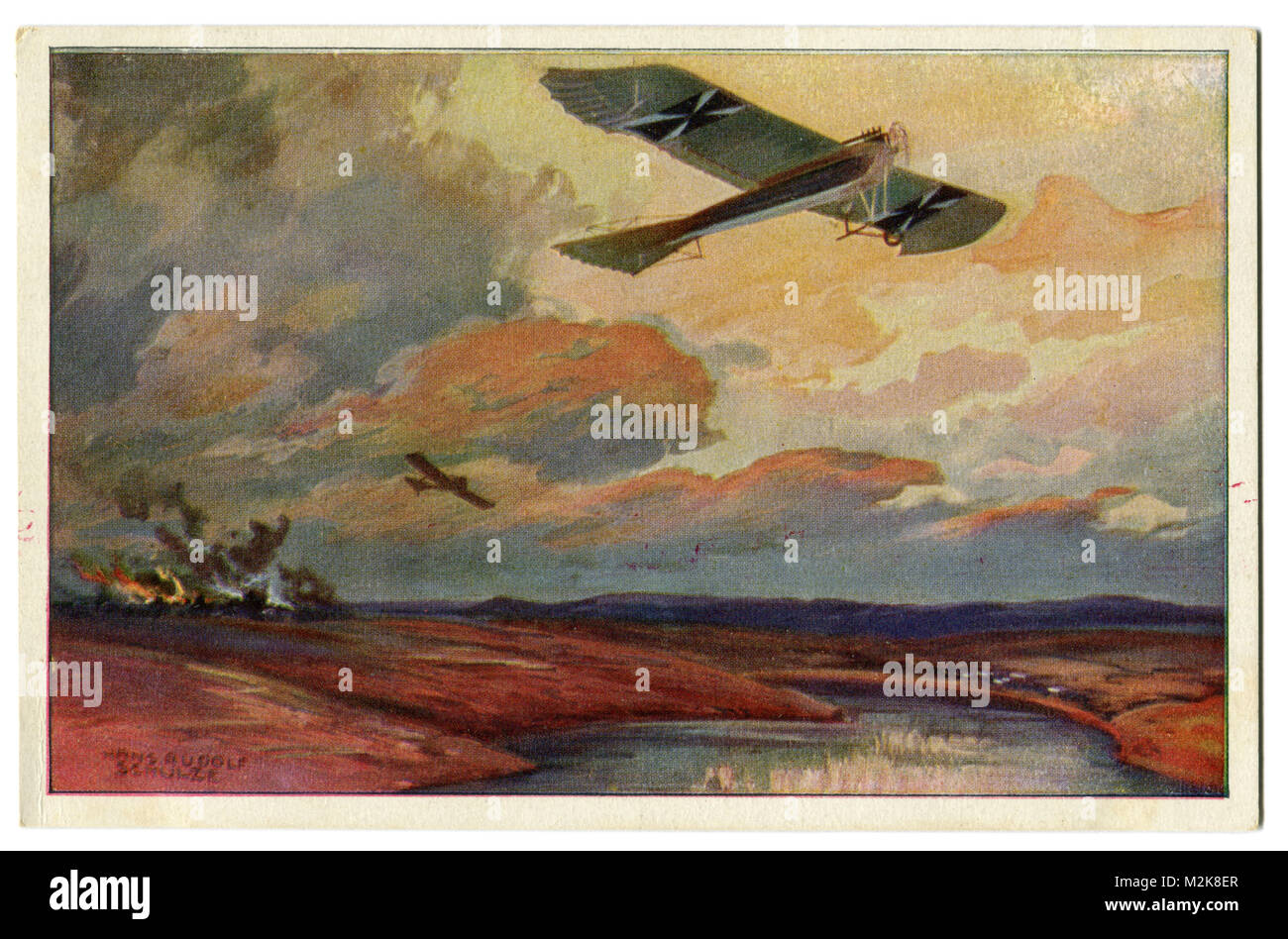 Old German postcard military airplane Taube on reconnaissance flight at the Mazury lakes. First world war of 1914-1918, Russian empire, Eastern front Stock Photo