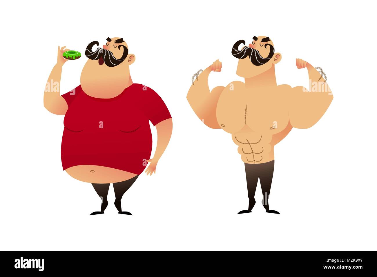 A fat guy and an athlete. Before and after. Doing sports and eating healthy concepts. A man with obesity is eating a donut. The strongman and the wrestler show their muscles. Successful weight loss and great shape. Stock Vector