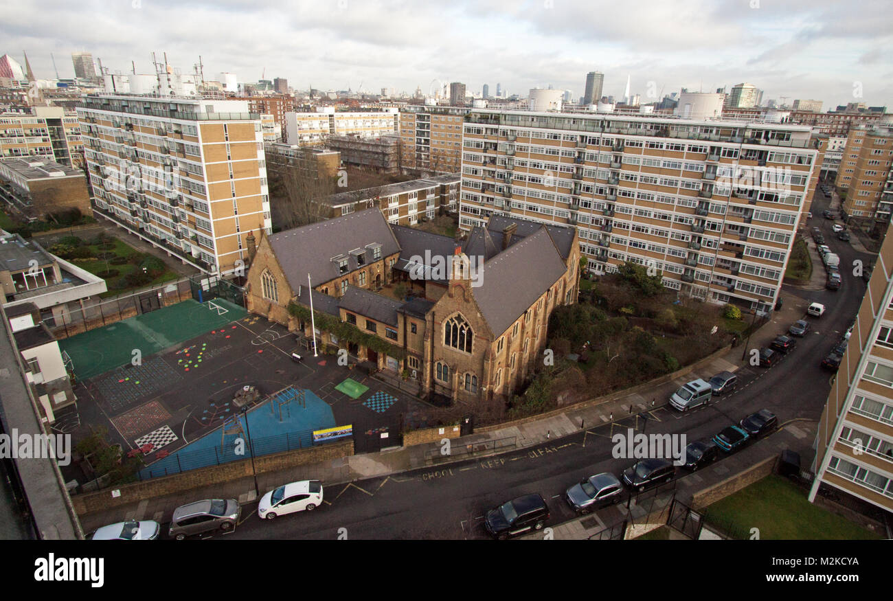 Churchill Gardens Estate, St Gabriels School from Ripley House Pimlico, London, England Stock