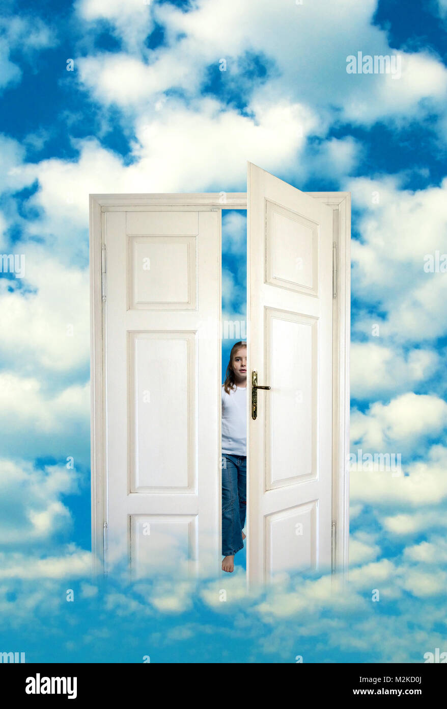 small girl behind an open white door in the clouds Stock Photo - Alamy