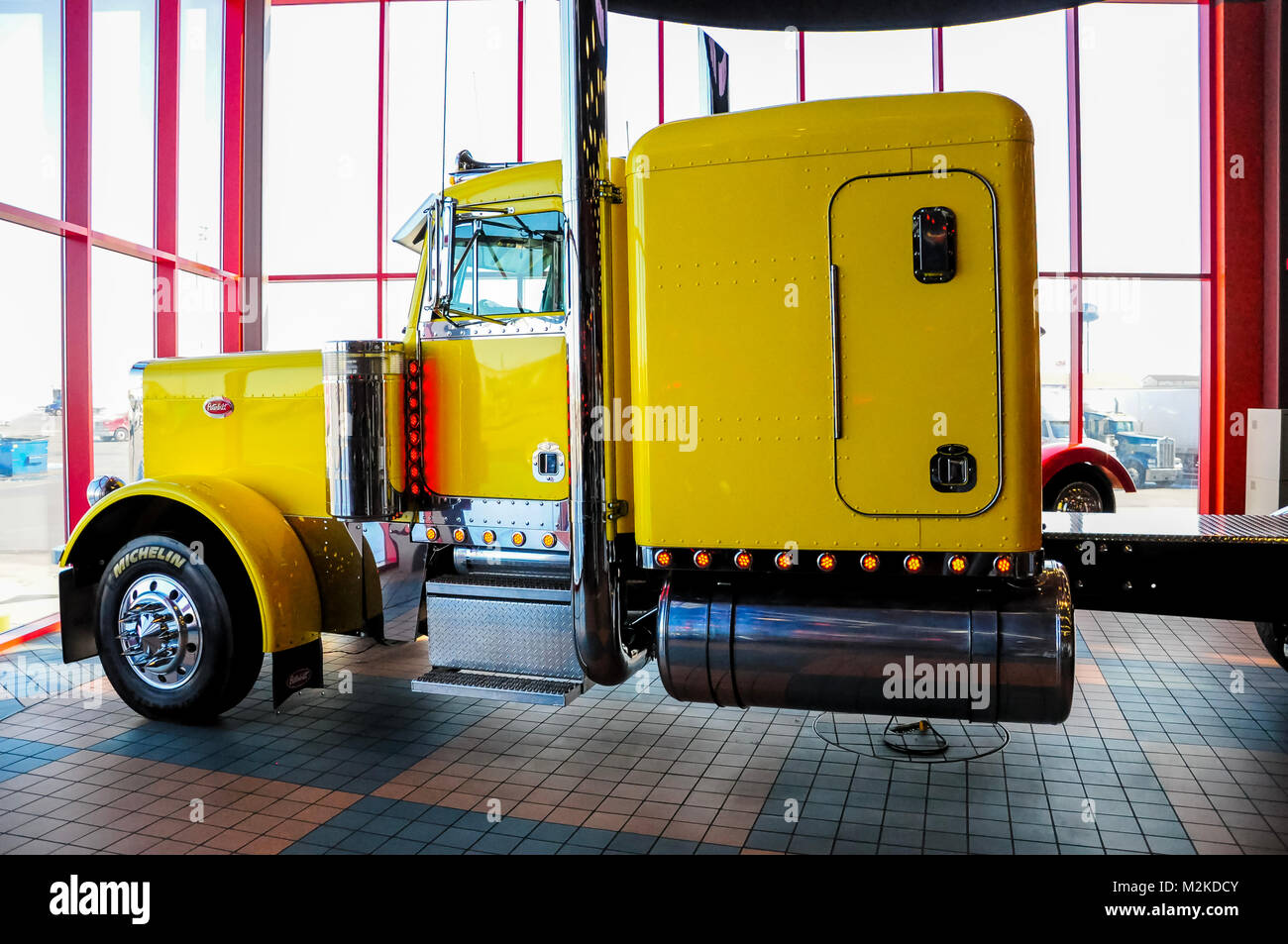 OMAHA, NEBRASKA - FEBRUARY 24, 2010 - Yellow Peterbuild 379 semi truck displayed at IOWA 80 Truckstop. Stock Photo