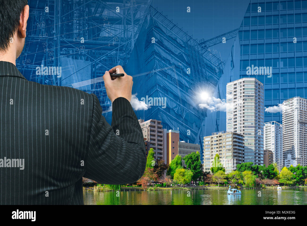 Business man or Architecture Drawing The Green City Good Environment  building of modern metro concept. Stock Photo