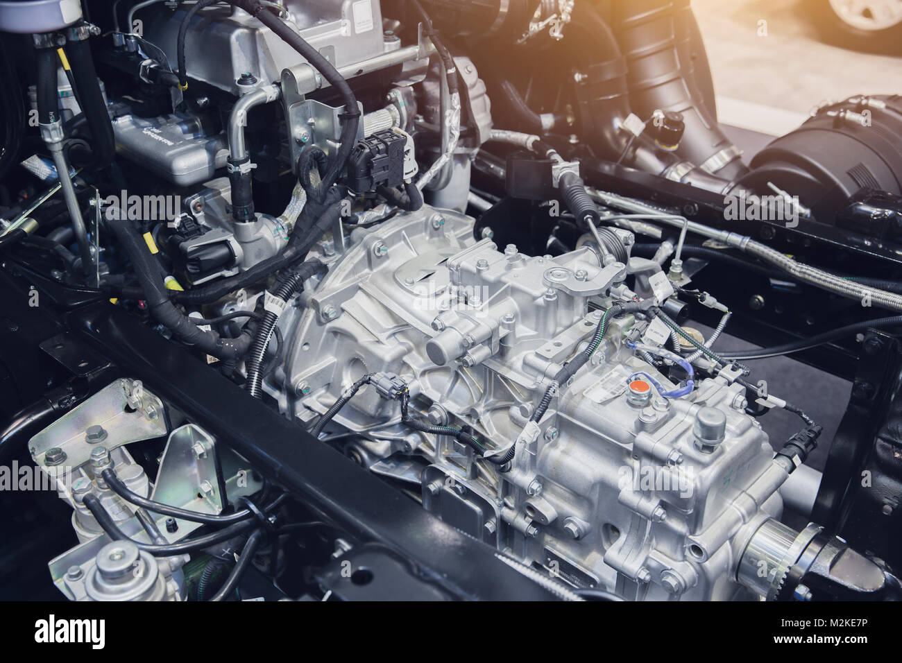 Car Gear box place inside under hood clean new of truck. Stock Photo