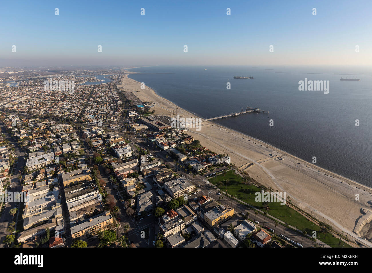 Aerial view of the Belmont Pier neighborhood in Long Beach California. Stock Photo