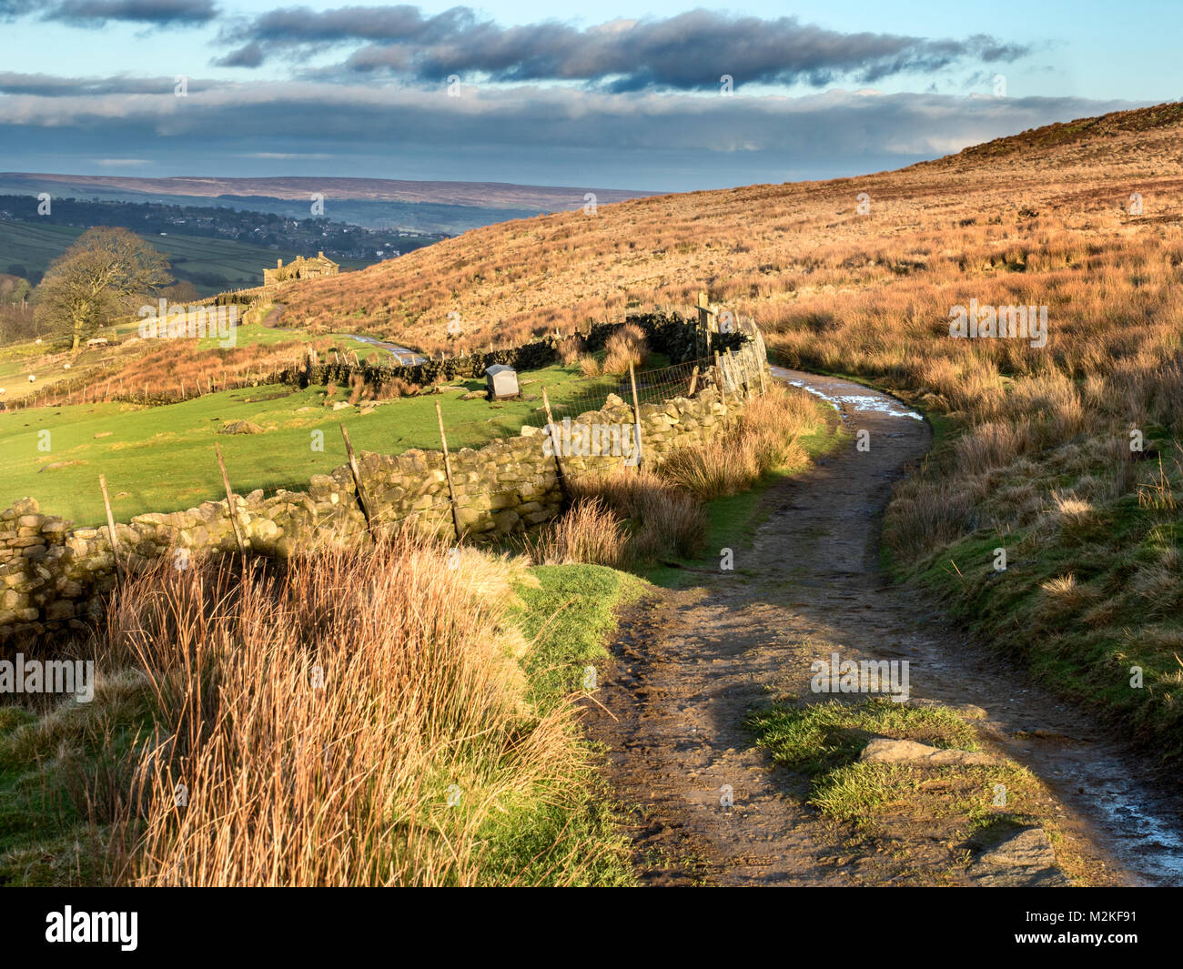Sunlight on moorland along the Bronte Way on Haworth Moor near Haworth
