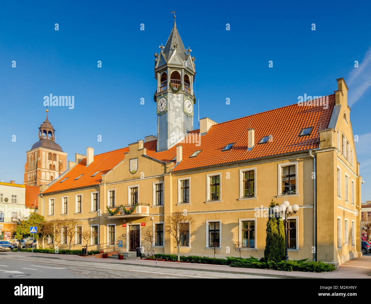 Town hall in Barczewo (ger.: Wartenburg in Ostpreussen), warmian-masurian voivodeship. Poland, Europe. Stock Photo