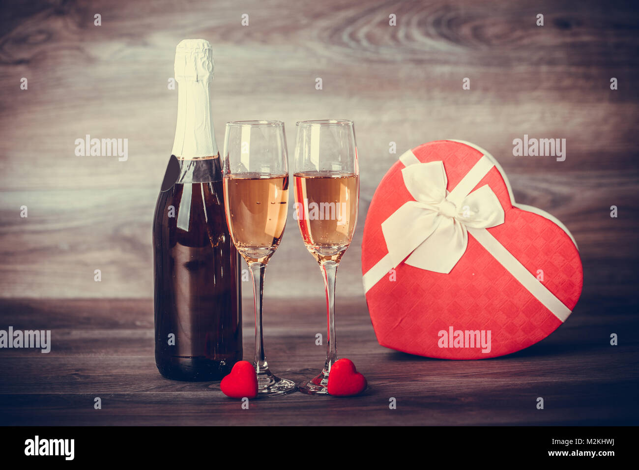 Valentines Day Champagne Wine Glasses And Gift With Decoration