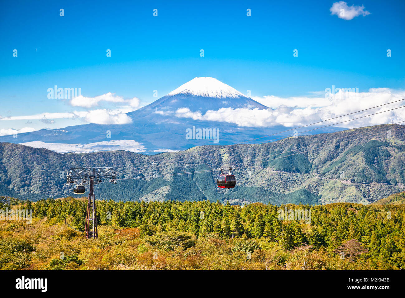 Ropeway and view of Mountain Fuji from Owakudani, Hakone. Japan Stock