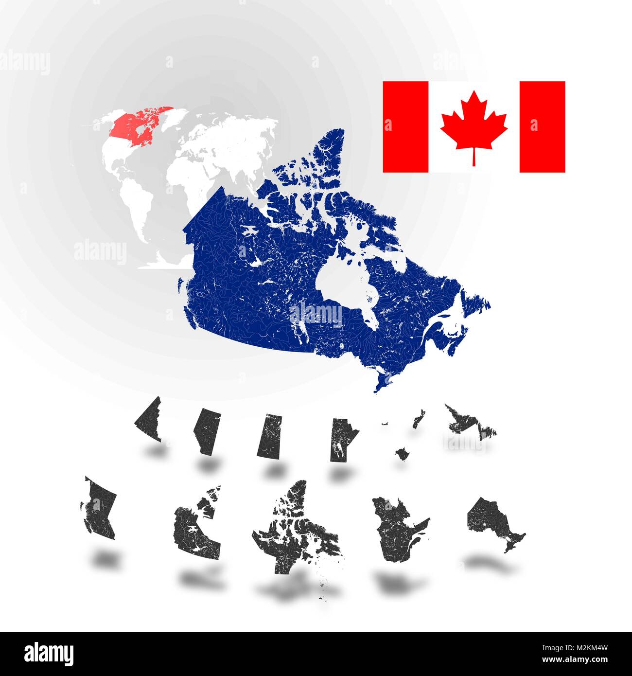 Map of Canada with rivers and lakes, maps of provinces and territories, map of world as background and flag of Canada. Please look at my other images  Stock Vector