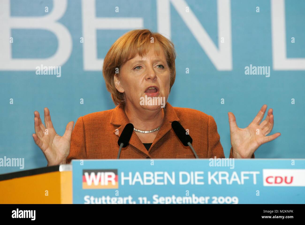 Wahlkampfveranstaltung der CDU in Stuttgart. Angela Merkel, Günther Öttinger, Wolfgang Schuster Stock Photo