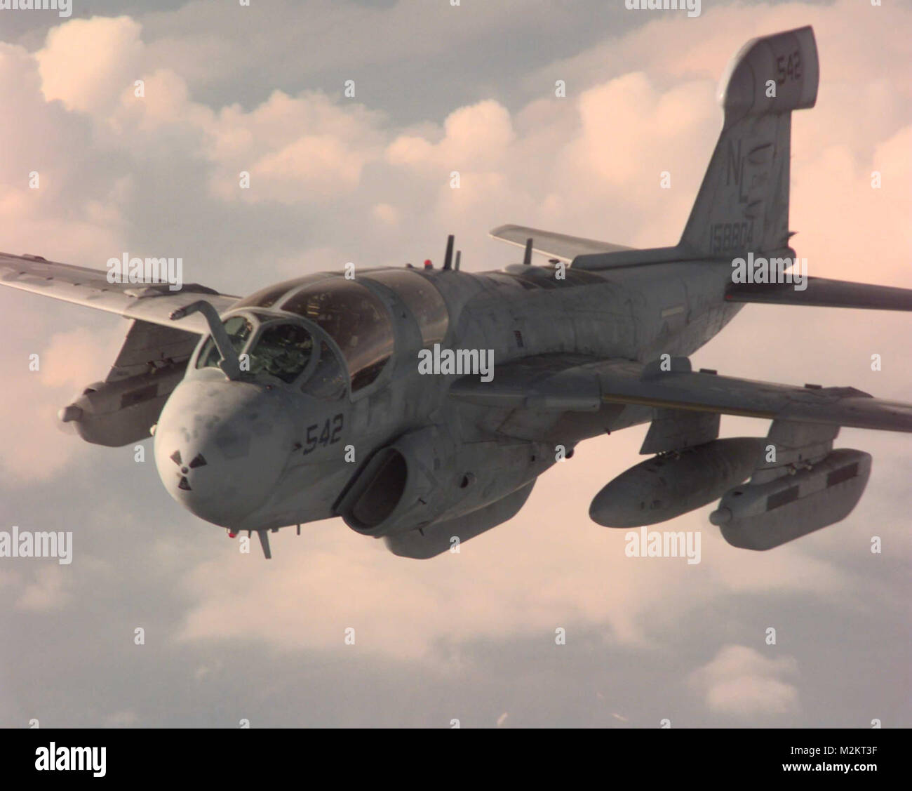 A United States Navy EA6B "Prowler" positions itself behind a KC135R "Stratotanker" to refuel