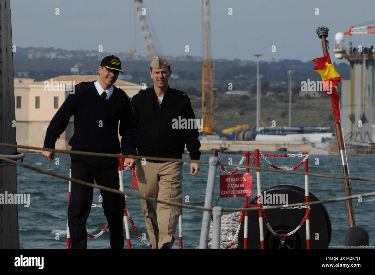 100211-N-7730P-002-Augusta Bay, Sicily, Rear Adm. John Richardson performs a tour of a Spanish Submarine prior to a holding a press conference, to mark the start of Noble Manta 2010, a yearly military exercise involving several NATO allies working together to perform Anti-Submarine Warfare exercises in the Ionian Sea and off the southeast coast of Sicily. The exercise started on the 10th of February and will last until the 24th, and involves seven submarines 18 aircraft and eight surface ships. Official U.S. Navy Photo by: Mass Communication Specialist 2nd Class Gary A. Prill U.S. Navy Admiral Stock Photo
