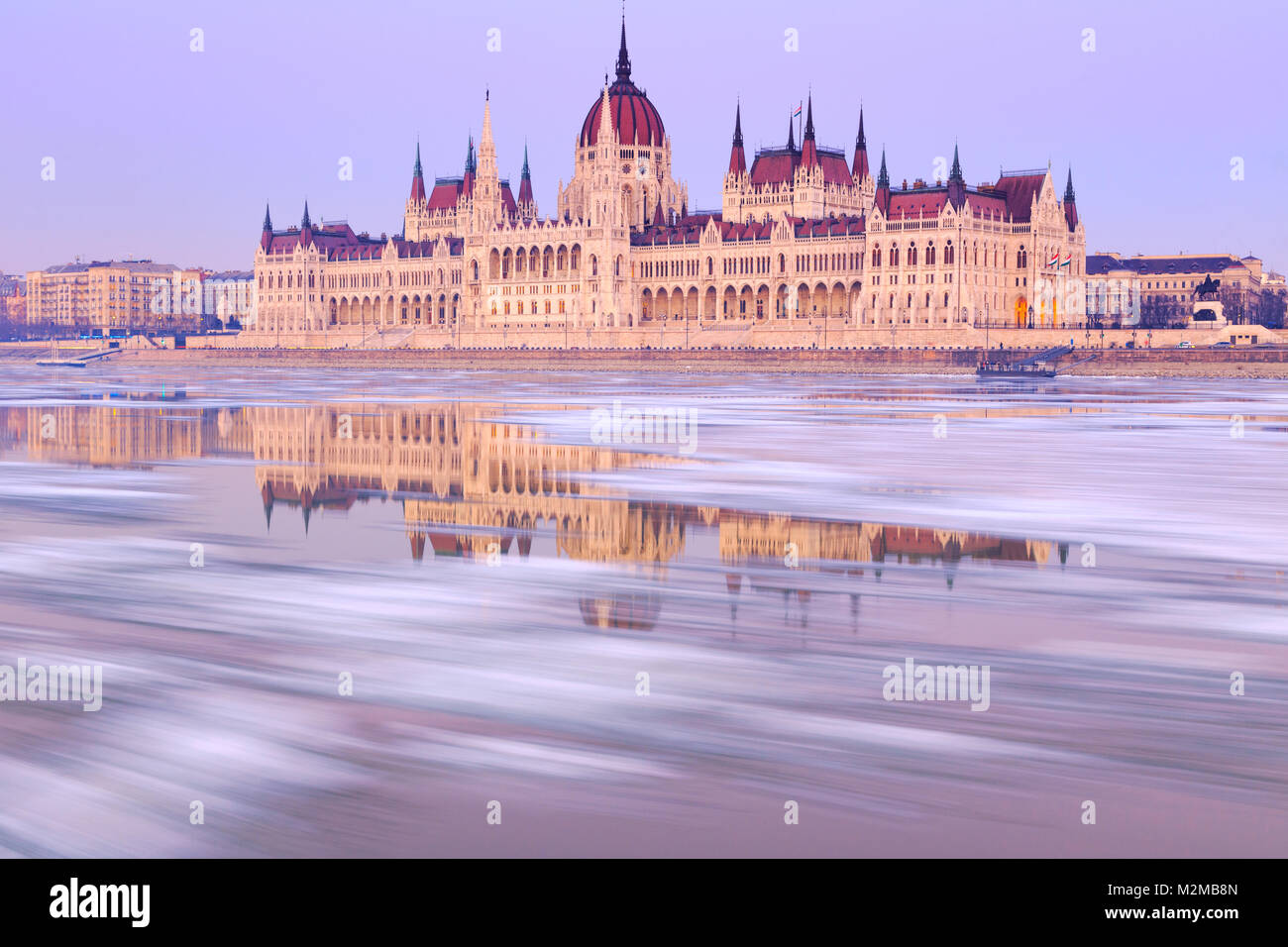 Hungarian parliament building and  winter Danube river, Budapest, Hungary Stock Photo