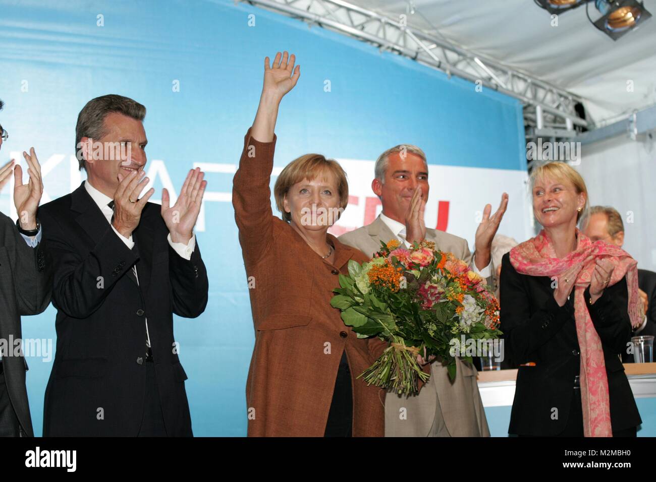 Wahlkampfveranstaltung der CDU in Stuttgart. Angela Merkel, Günther Öttinger, Wolfgang Schuster Stock Photo