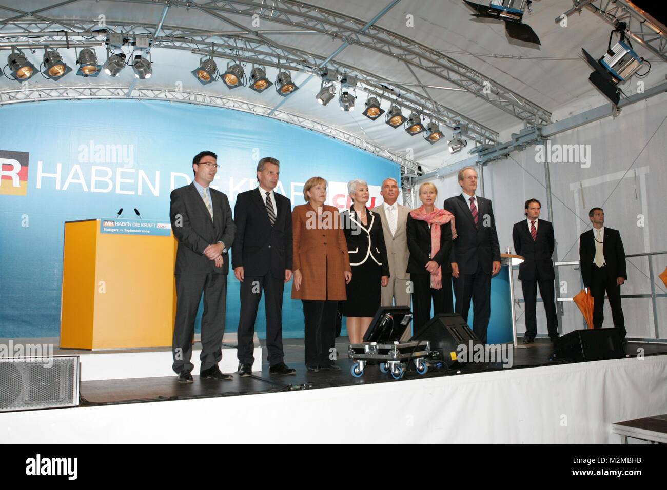 Wahlkampfveranstaltung der CDU in Stuttgart. Angela Merkel, Günther Öttinger, Wolfgang Schuster Stock Photo