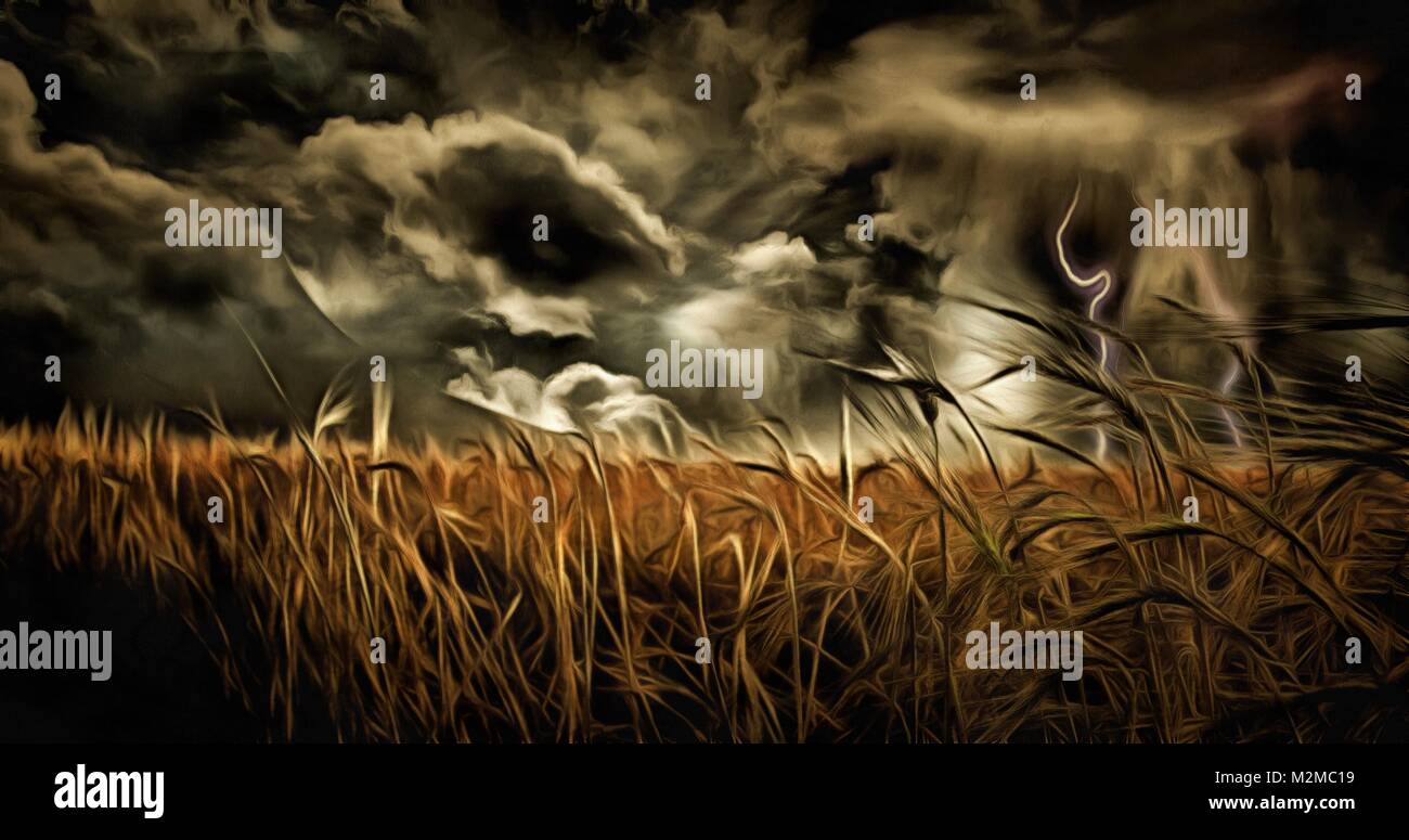 Oil painting. Dramatic stormy clouds over field of wheat Stock Photo ...