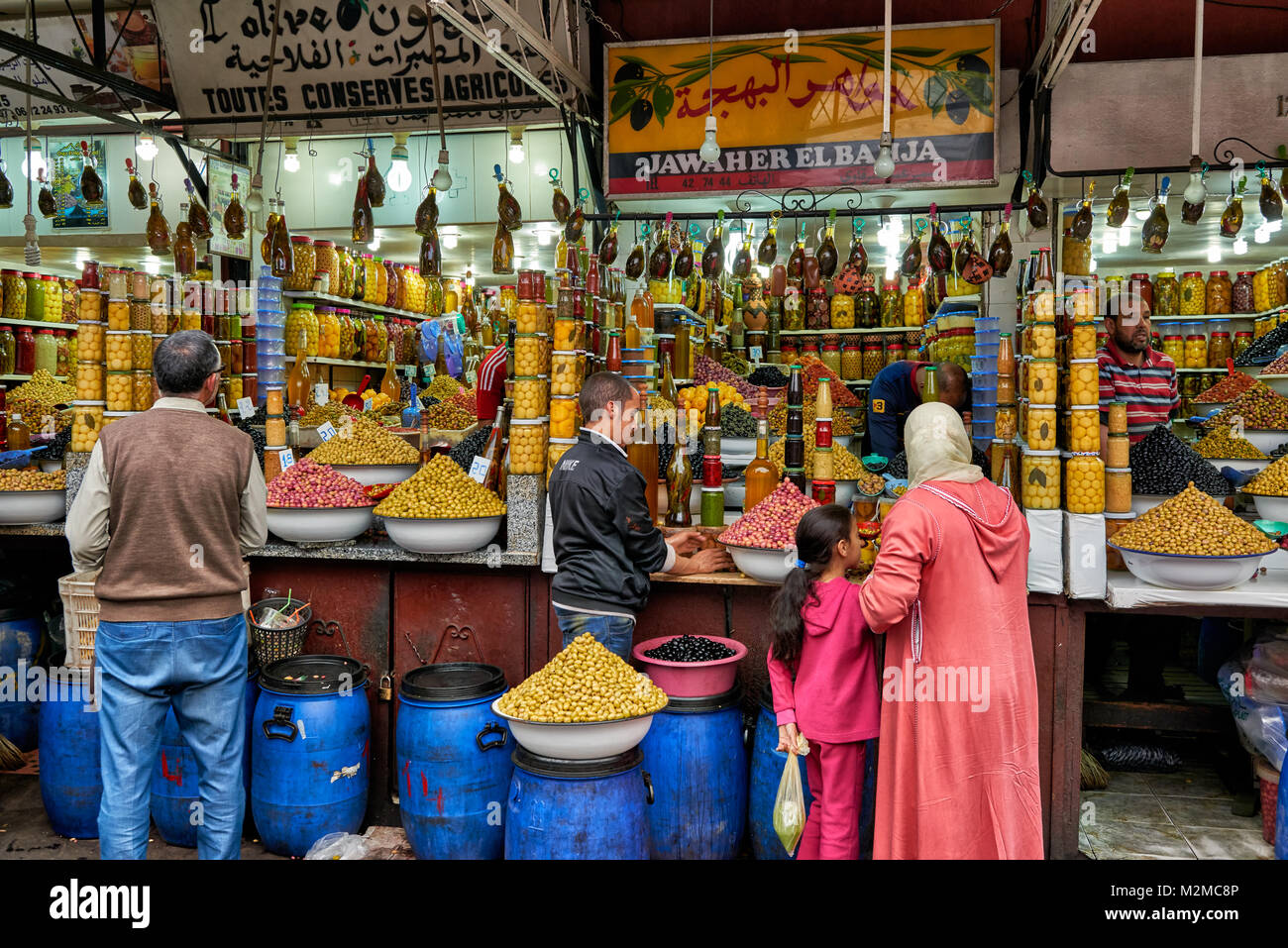 olives market stall on food market in Marrakesh, Morocco, Africa Stock Photo