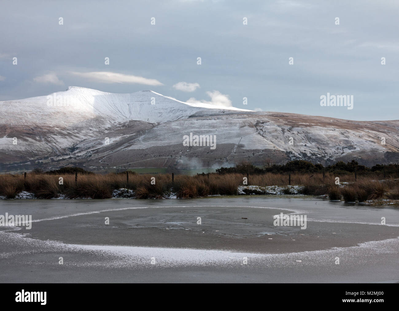 Iced pond at Mynydd Illtud Common, with Pen y Fan & Corn Du Brecon Beacons National Park, Powys, Wales Stock Photo