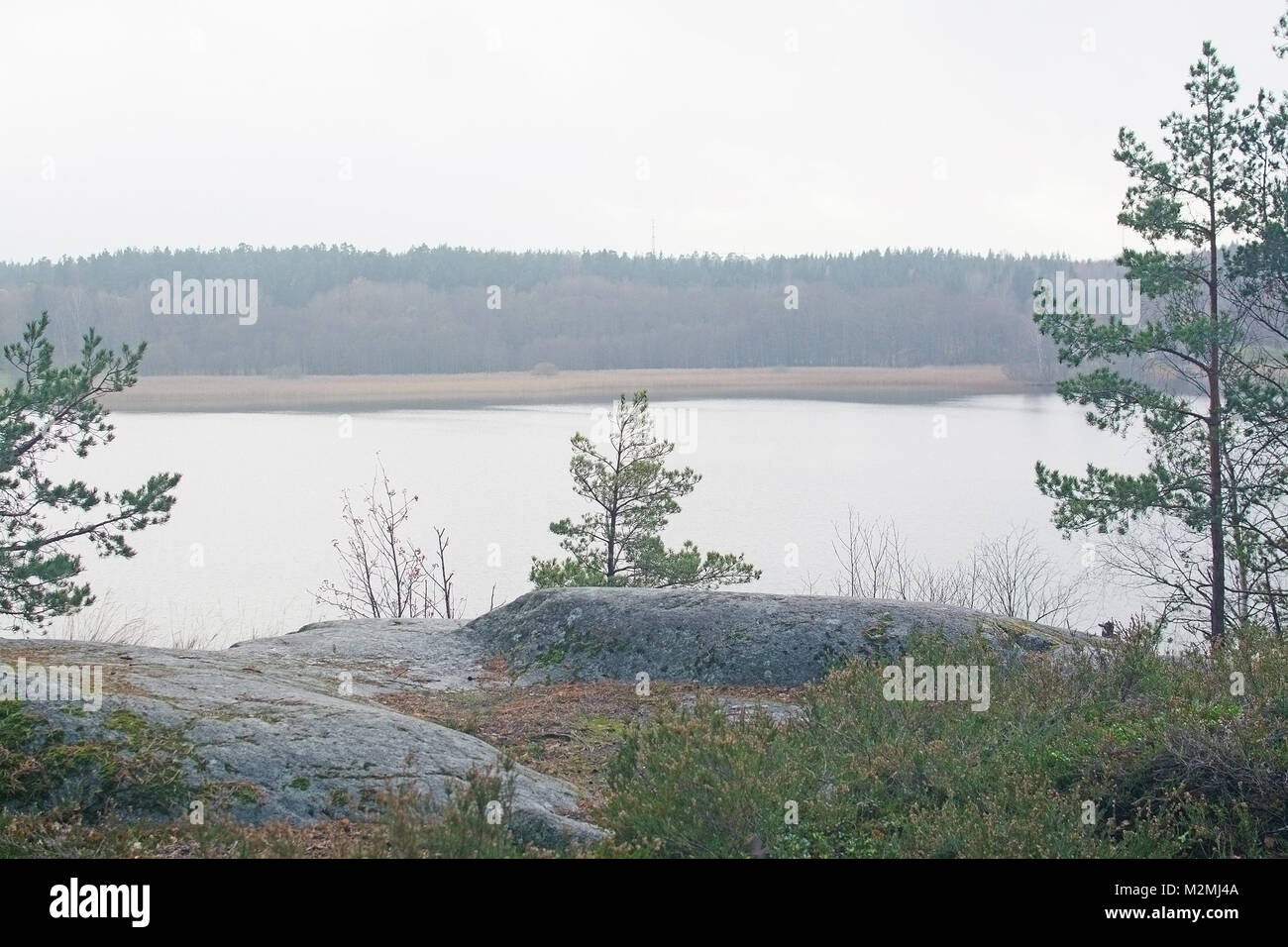 Lake landscape view by Lake Malaren, Sweden in November. Stock Photo