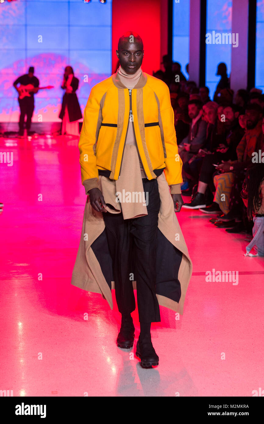 New York, United States. 06th Feb, 2018. Model walks runway for Abasi