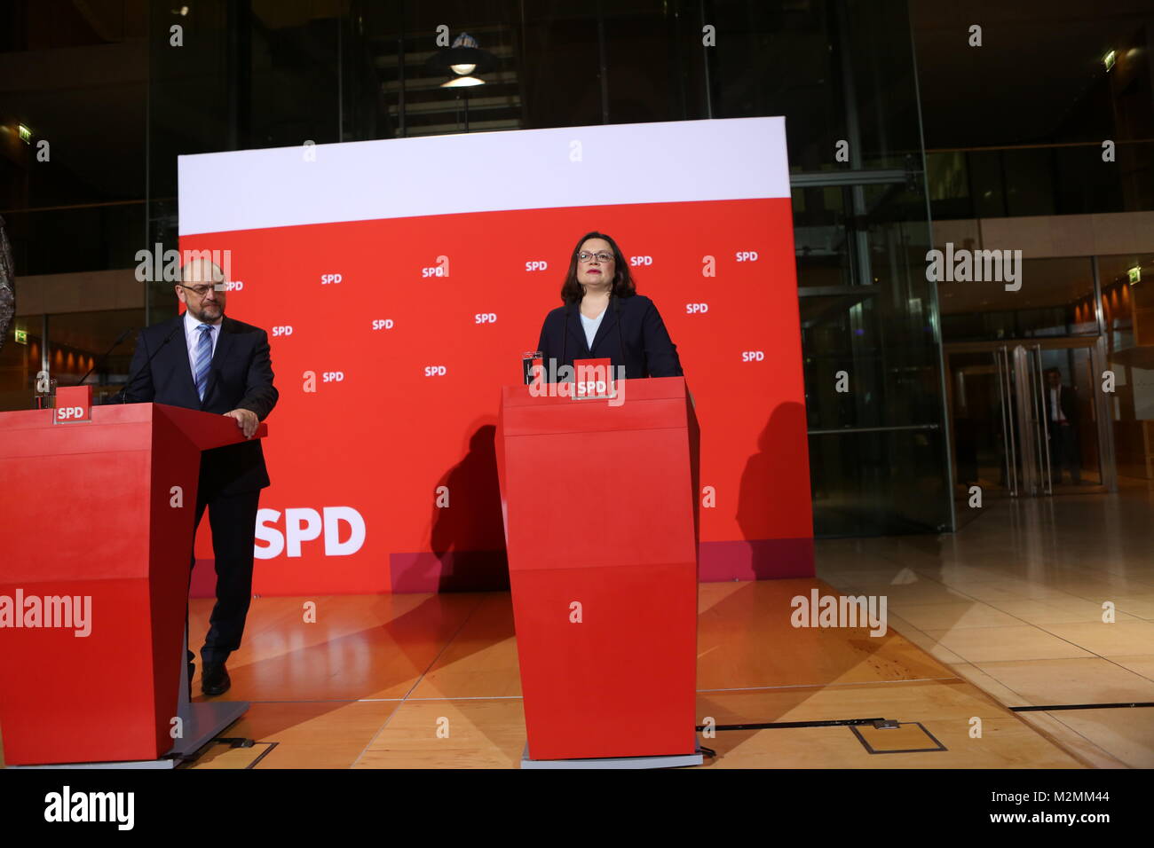 Berlin, Germany. 07th Feb, 2018. SPD leader Martin Schulz hands over the party chairmanship to parliamentary leader Andreas Nahles. Andrea Nahles would be the first woman at the head of the SPD party. Among other things, Martin Schulz explained that he wants to become foreign minister in a new grand coalition and that a process of renewal is necessary within the SPD party. The photo shows Andrea Nahles and Martin Schulz Credit: Simone Kuhlmey/Pacific Press/Alamy Live News Stock Photo