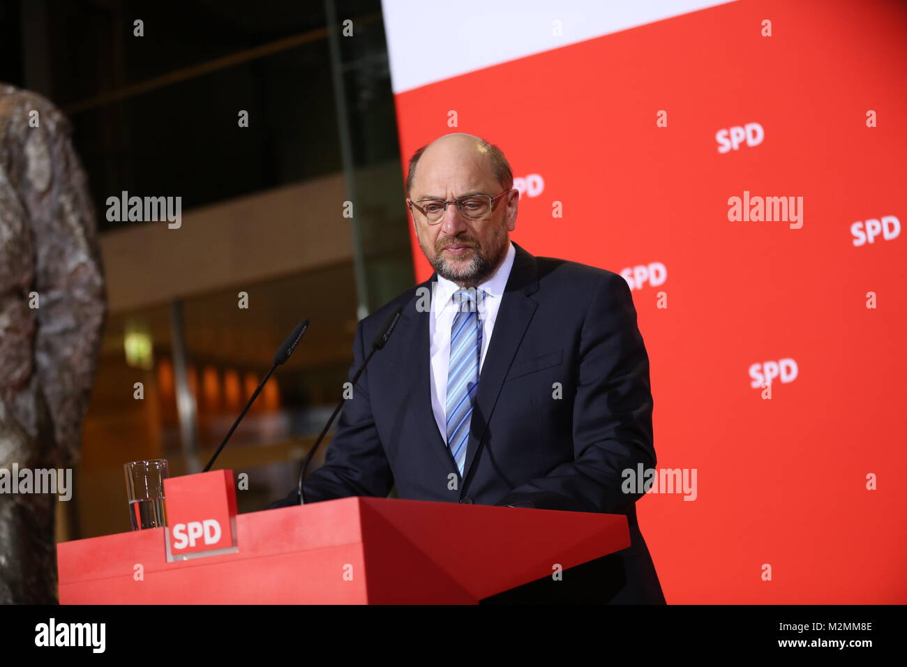 Berlin, Germany. 07th Feb, 2018. SPD leader Martin Schulz hands over the party chairmanship to parliamentary leader Andreas Nahles. Andrea Nahles would be the first woman at the head of the SPD party. A Credit: Simone Kuhlmey/Pacific Press/Alamy Live News Stock Photo