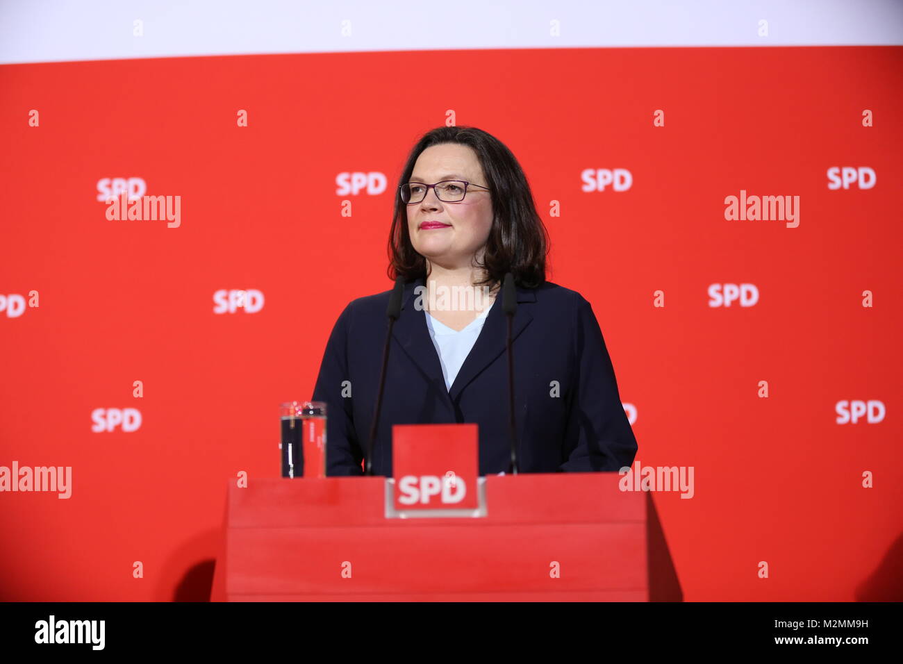 Berlin, Germany. 07th Feb, 2018. SPD leader Martin Schulz hands over the party chairmanship to parliamentary leader Andreas Nahles. Andrea Nahles would be the first woman at the head of the SPD party. Among other things, Martin Schulz explained that he wants to become foreign minister in a new grand coalition and that a process of renewal is necessary within the SPD party. The photo shows Andrea Nahles Credit: Simone Kuhlmey/Pacific Press/Alamy Live News Stock Photo